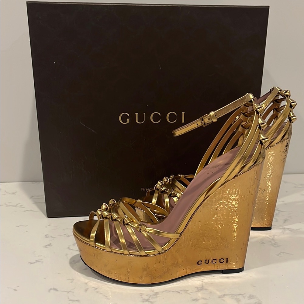 Gucci Gold Wedge Sandals with Ankle Straps